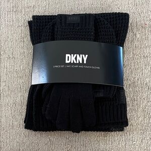 DKNY Black Knit Hat, Scarf, and Gloves Set